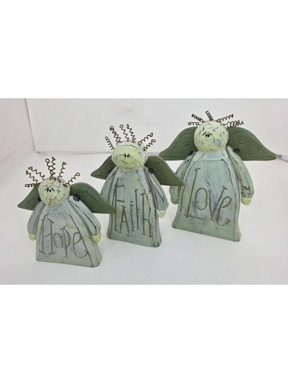 Vintage Primitive Resin Wood Look Angel Shelf Sitters Set of 3 - Faith Hope Love